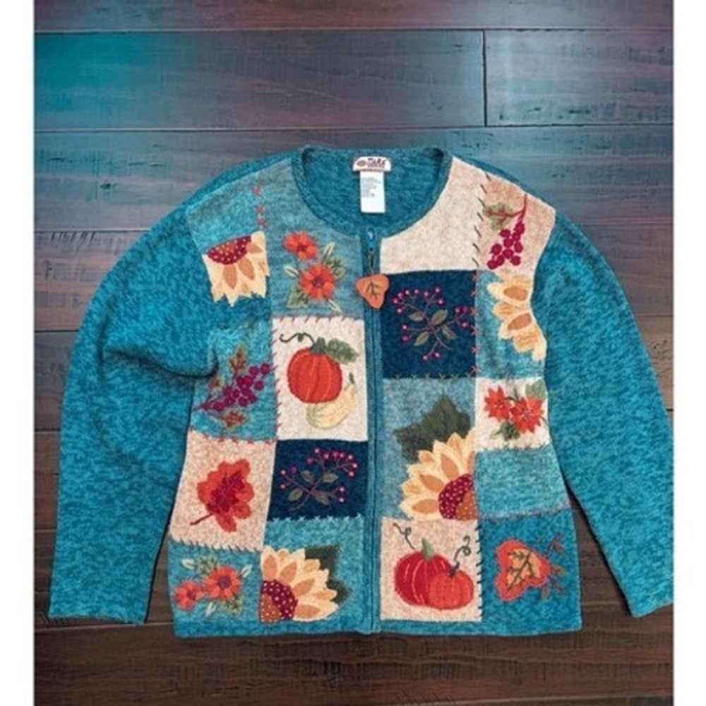 Vintage Fall Patchwork Zip Up Cardigan Sweater Pumpkin Sunflower Kitsch artsy